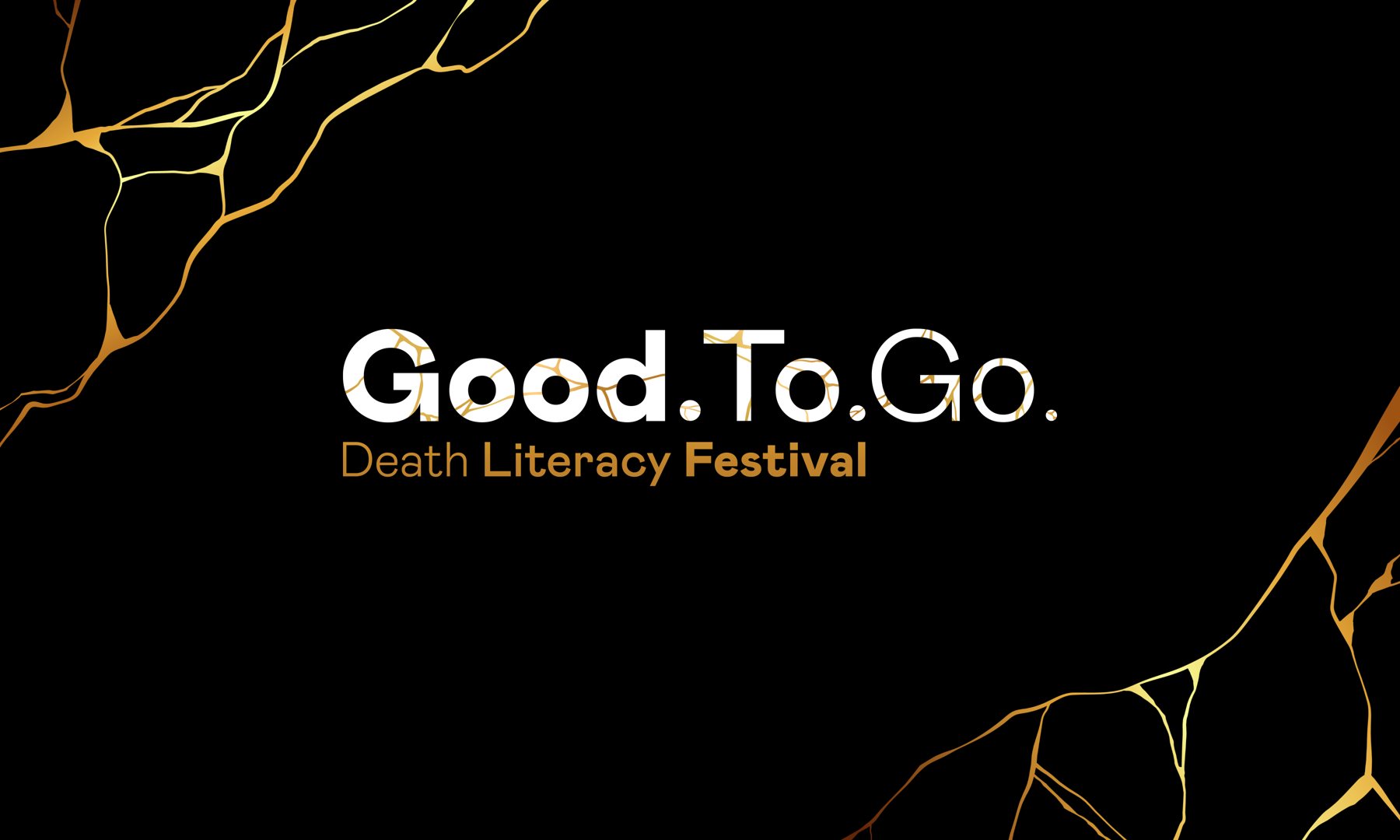 Good To Go identity: gold kintsugi seams on black