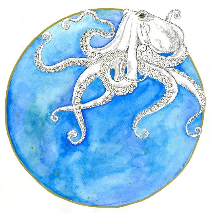 Watercolour octopus on a blue globe