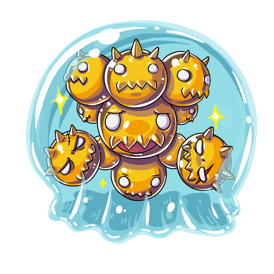 Staphylococcus drawn as a golden cluster of spiky spheres in a bubble