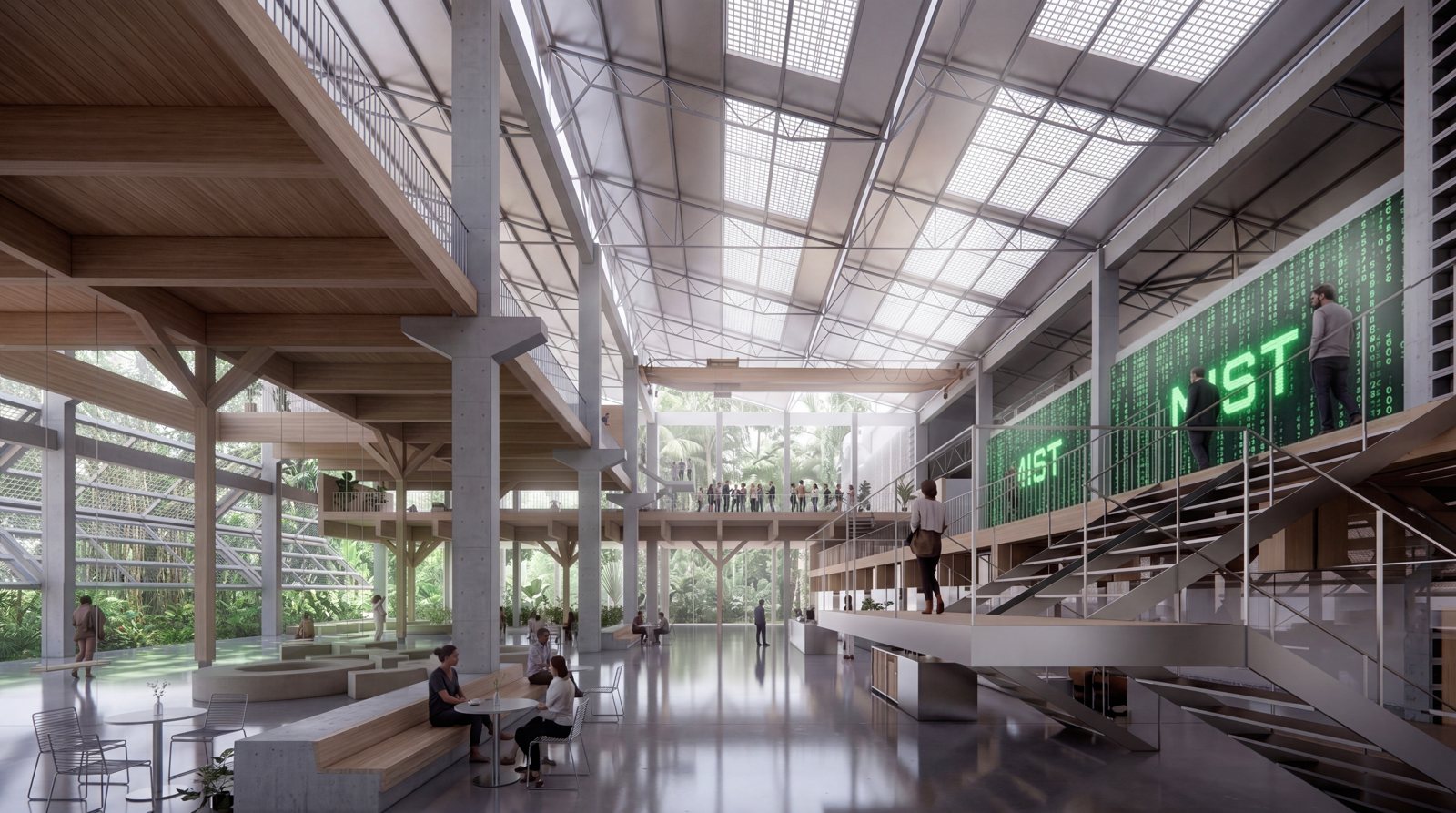 Render of a high-roofed industrial hall with display platforms