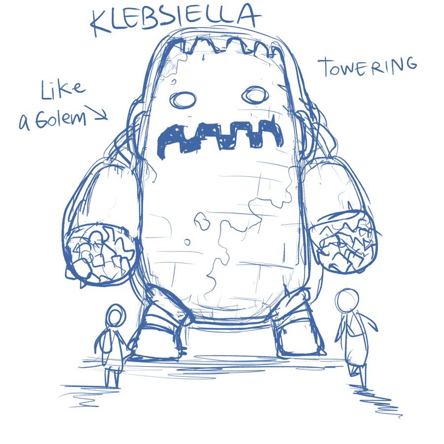 Blue pencil sketch of Klebsiella as a towering golem