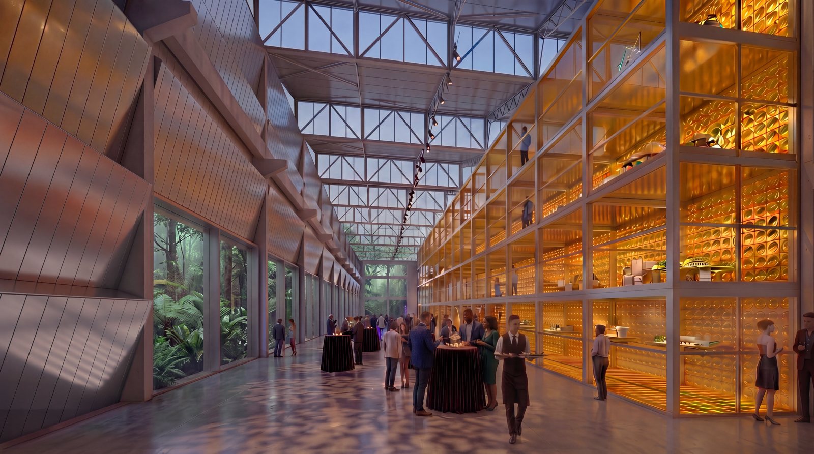 Render of the turbine hall with visitors and exhibits