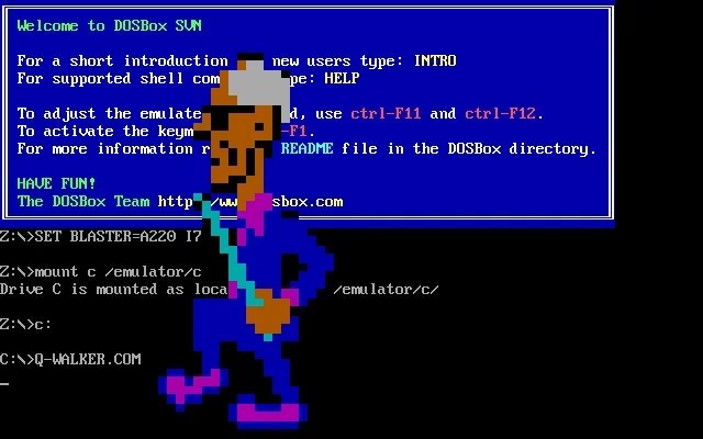 A pixel-art character over a DOS screen