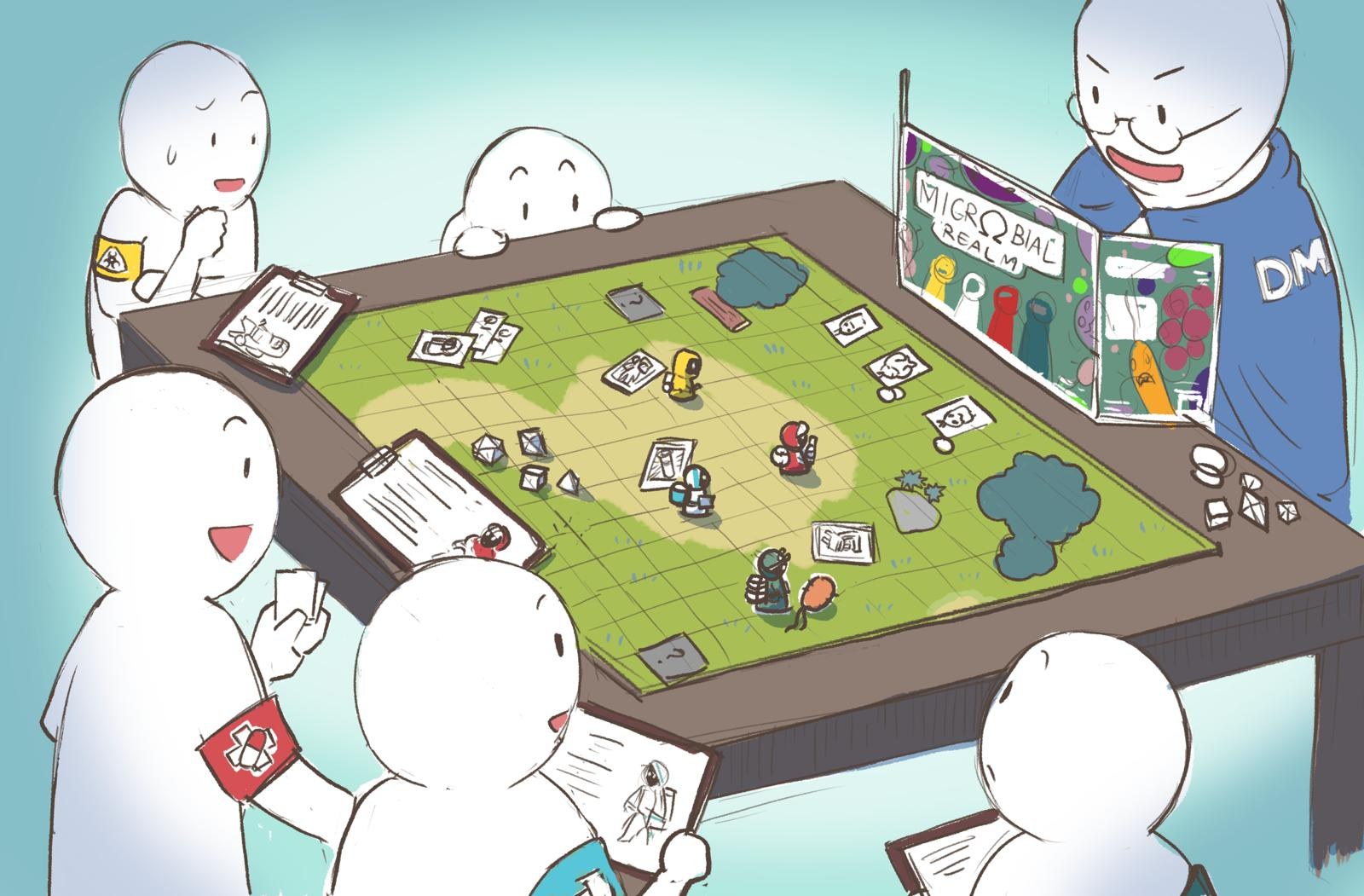 Illustration of players around the Microbial Realm tabletop game