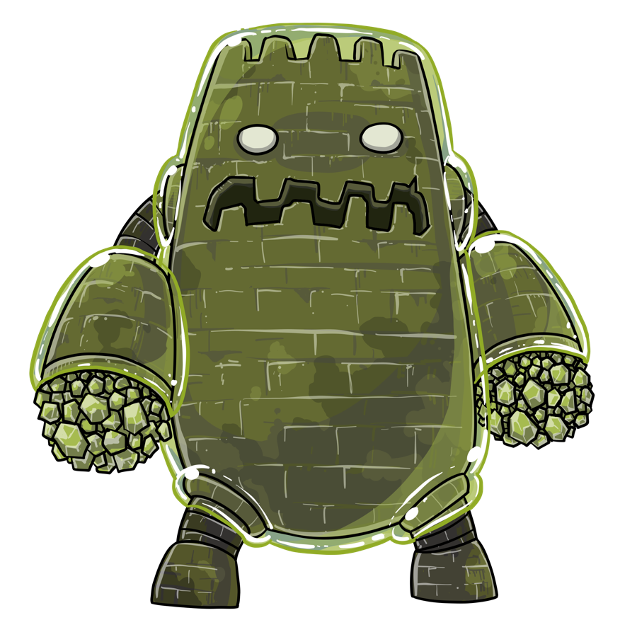 Klebsiella drawn as a towering moss-green golem