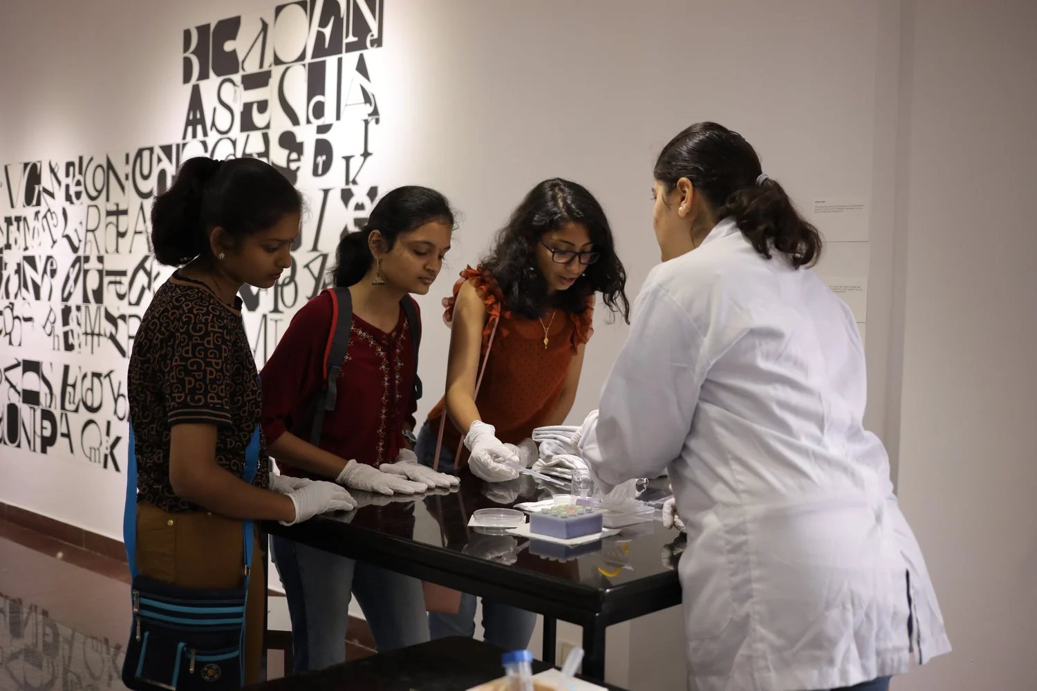 A mediator showing materials to visitors at Through the Looking Glass