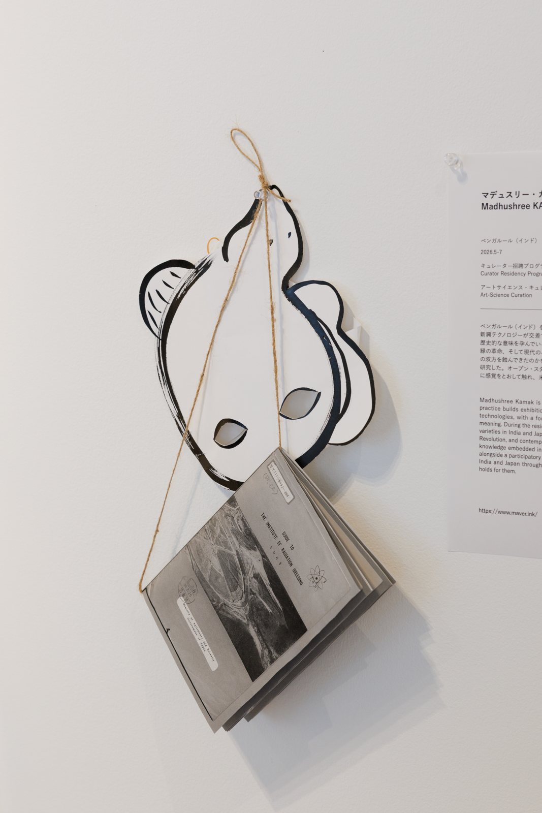 A drawn rice-grain object hung on a gallery wall