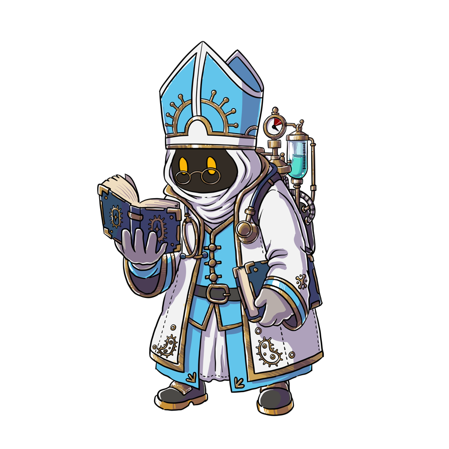 Master Healer in robes and mitre, reading a book