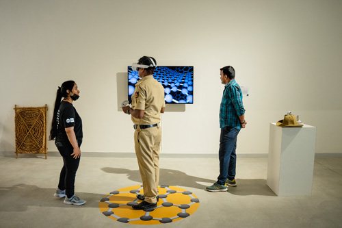A visitor in a VR headset