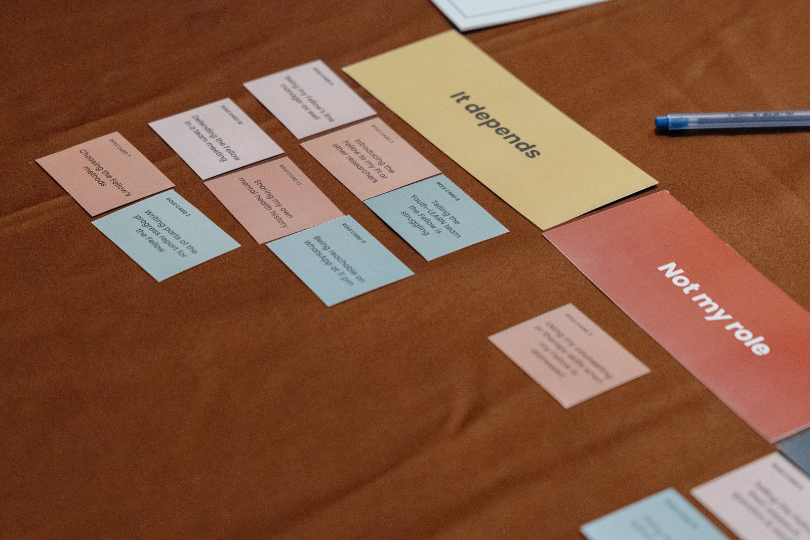 Role cards sorted on a table during the workshop