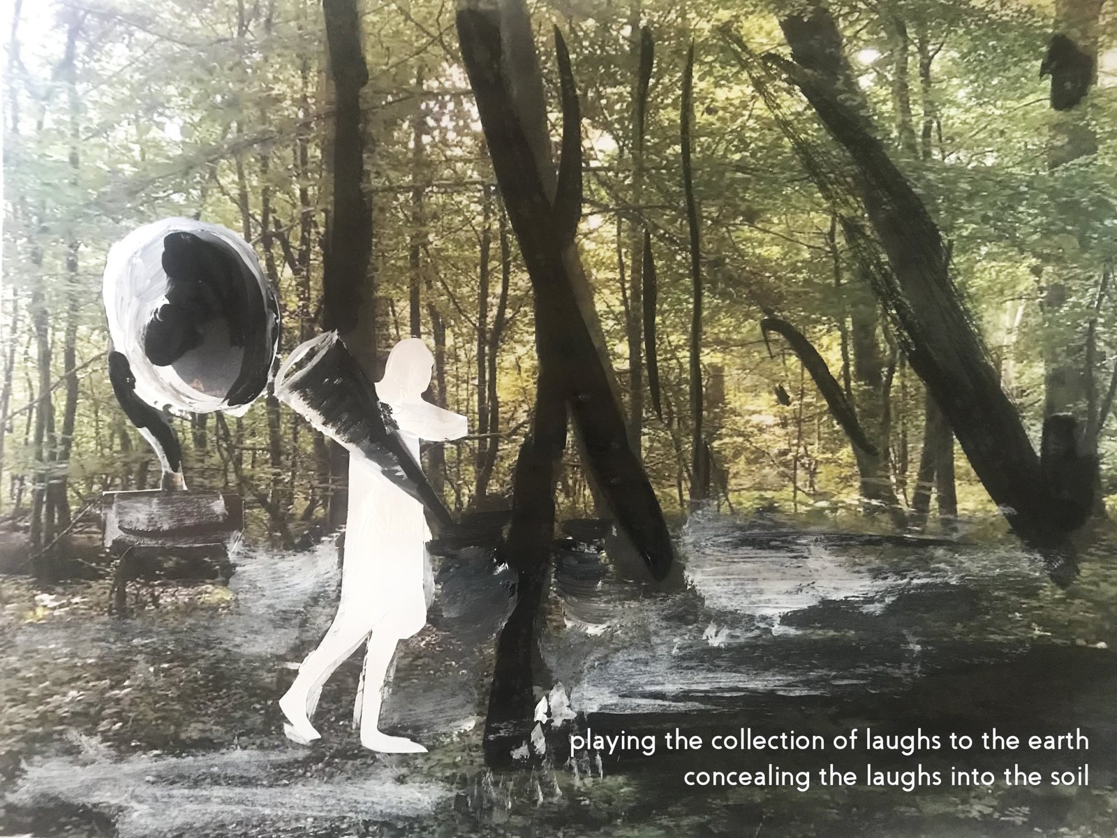 A figure in a forest with a gramophone horn
